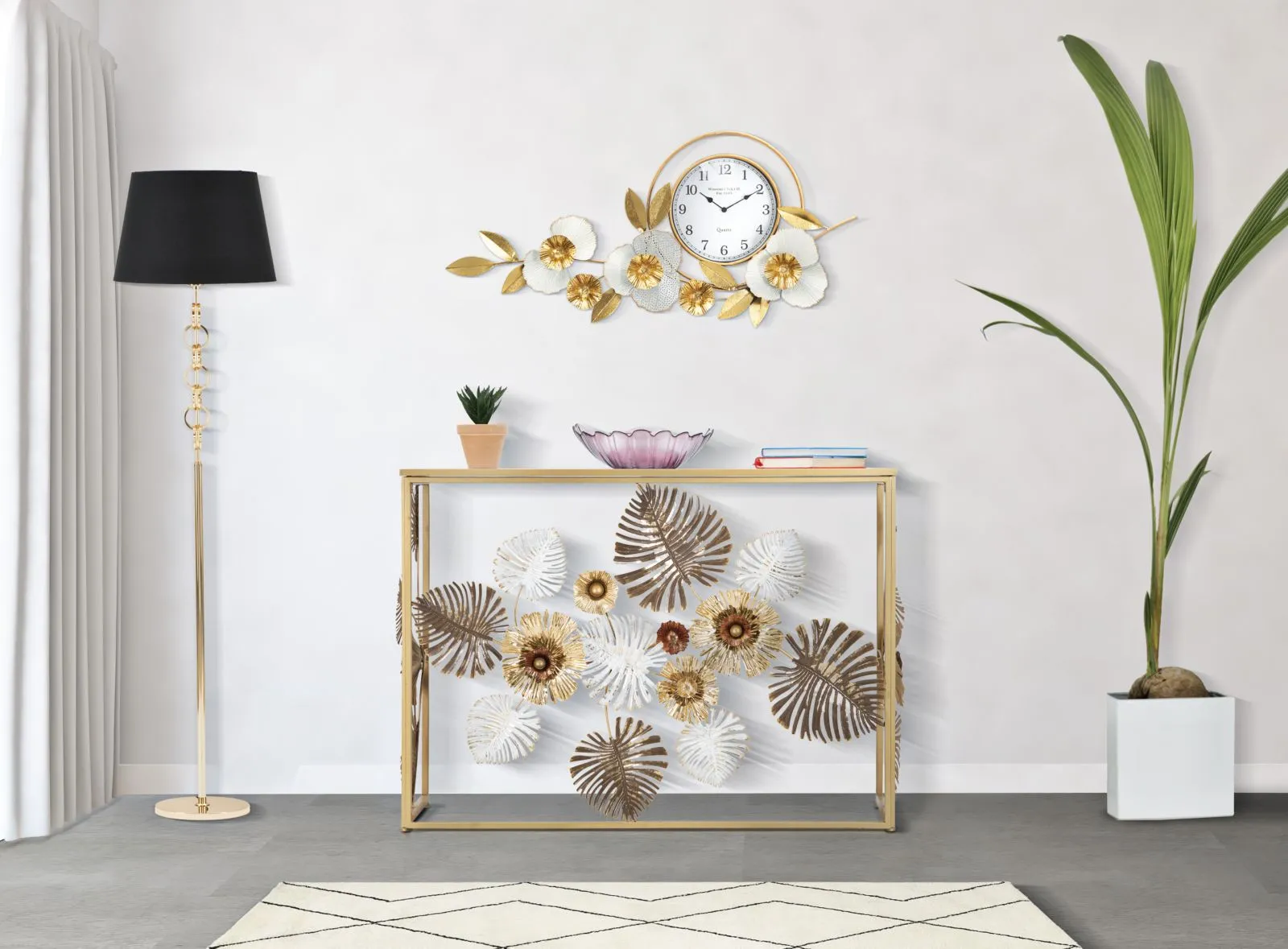 Golden & White Floral Glam Wall Clock