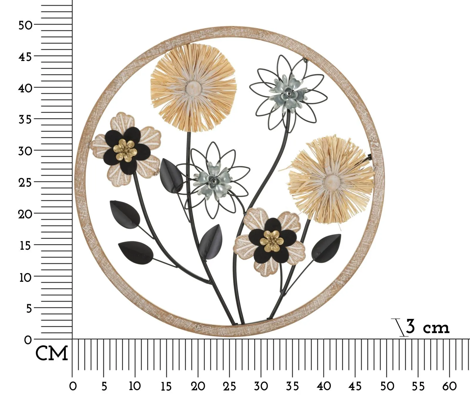 Metal & Wooden Flower Wall Decor in Round Frame