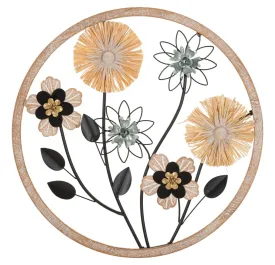 Metal & Wooden Flower Wall Decor in Round Frame