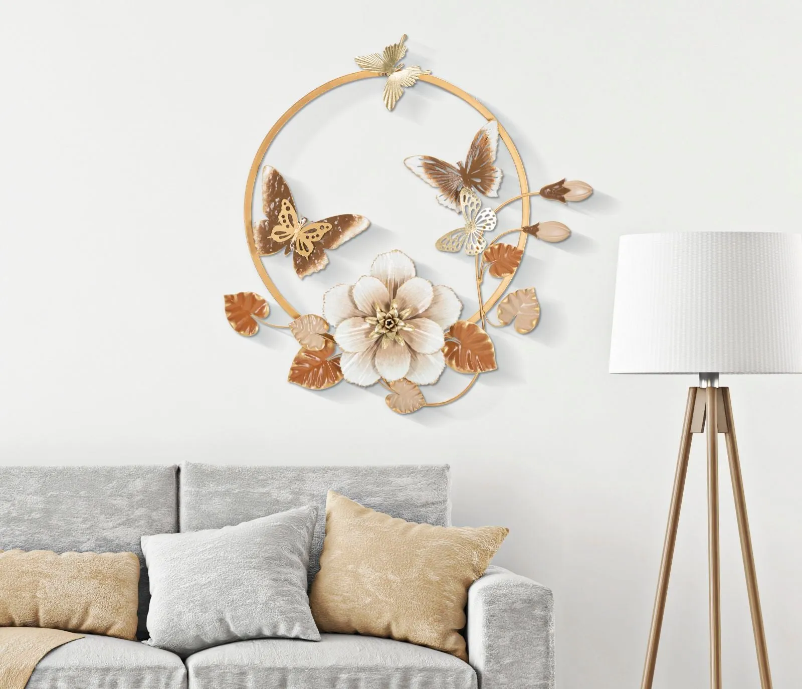 Metal Butterfly & Flower Wall Decor with Round Frame